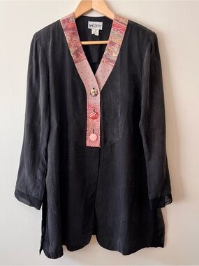Vintage Yasuko Bemberg Silk Tunic Top Black Colorful Trim Buttons S/M EUC